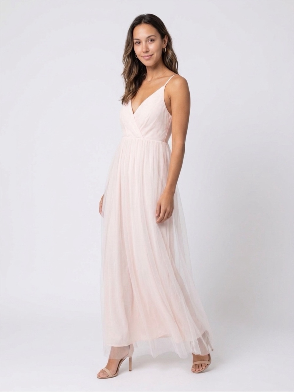 Florcoo Champagne Mesh V-Neck Evening Maxi Dress Spaghetti Strap NWT